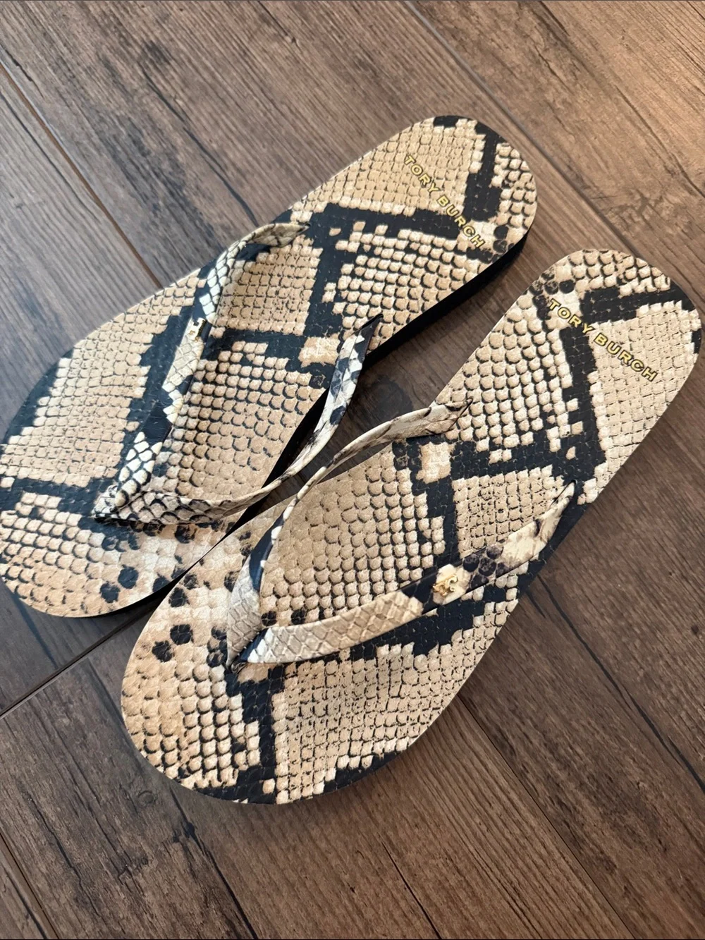 Tory Burch Snake-Print Flip Flops in Beige and Black